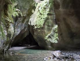 Patuna Chasm, a cave system in a gorge of a river cutting through limestone cliff.