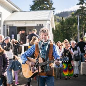 A guitarist performs at Featherston Booktown festival.