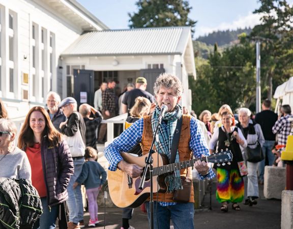 A guitarist performs at Featherston Booktown festival.