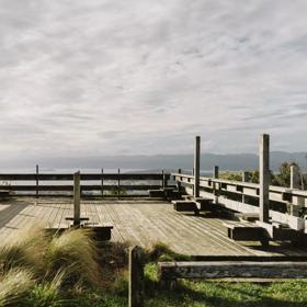 The wooden platform at the summit of Lookout Loop Walk at Wrights Hill on a cloudy day. 