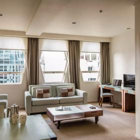 The living room inside a suite at Quest 256 Lambton Hotel, location on Lambton Quay in Wellington.