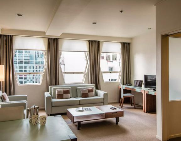 The living room inside a suite at Quest 256 Lambton Hotel, location on Lambton Quay in Wellington.