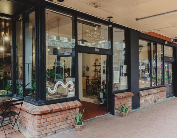 The storefront of Wellington Apothecary, a health and wellness store located on Cuba Street in Te Aro, Wellington.