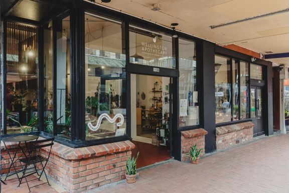 The storefront of Wellington Apothecary, a health and wellness store located on Cuba Street in Te Aro, Wellington.