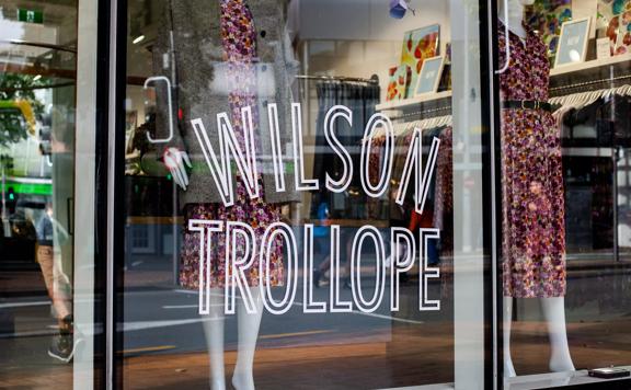 The front window of Wilson Trollope, a womenswear store in Te Aro, Wellington.
