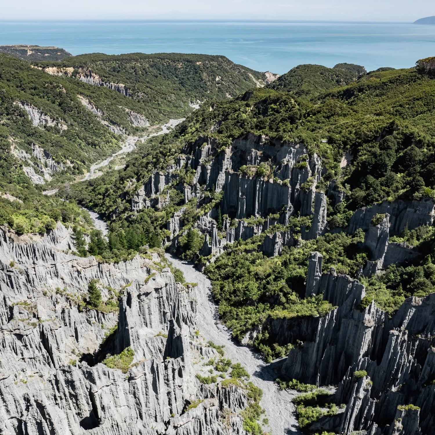 Image of the Pūtangirua Pinnacles. Taken from a drone, looking down on the large stalagmite structures, with Palliser Bay in the background.