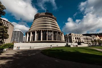 The Beehive, a common name for the Executive Wing of New Zealand Parliament Buildings, located at the corner of Molesworth Street and Lambton Quay, Wellington.