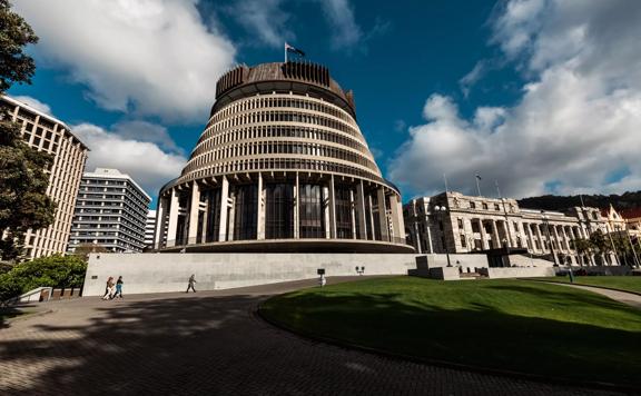 The Beehive, a common name for the Executive Wing of New Zealand Parliament Buildings, located at the corner of Molesworth Street and Lambton Quay, Wellington.