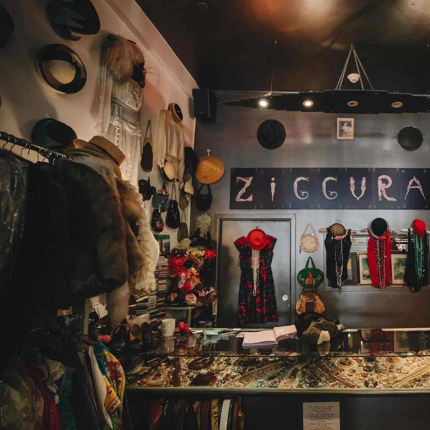 The interior of Ziggurat, a second-hand clothing store located on Cuba Street in Te Aro, Wellington.