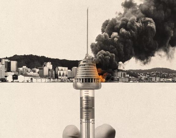 In an off-white and black photo collage, a hand holds a syringe vertically, the top of the needle aligns with the New Zealand Parliament building, and Wellington's downtown is billowing with smoke. 