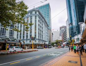 Lambton Quay and Brandon Street, a busy street corner in Wellington city centre. 