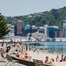 People enjoying the sun on Oriental Parade, with the sun shining and Wellington city behind them.