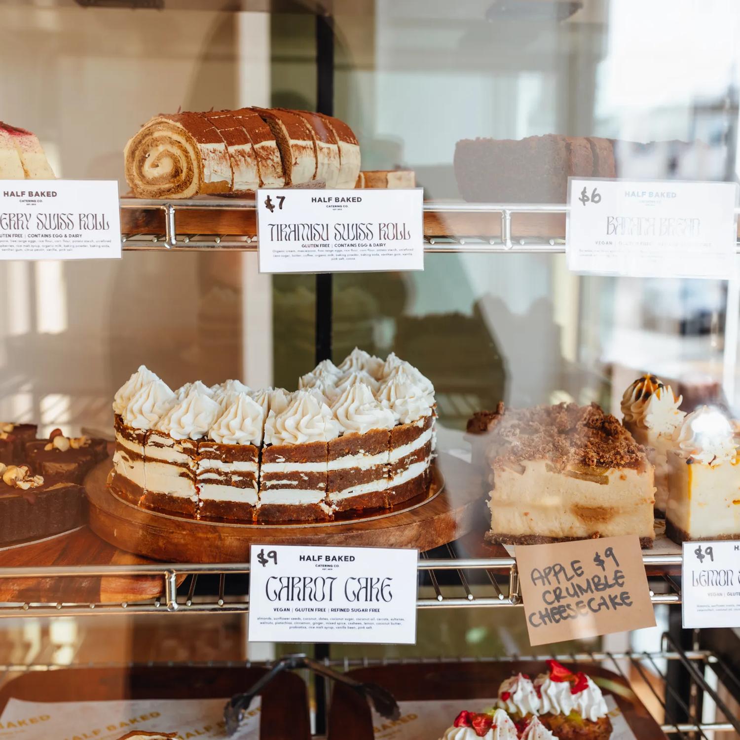 An assortment of desserts is on display at Half Baked.