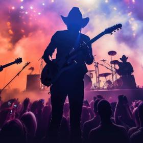 A country music group performs on stage, silhouetted by purple and orange lights.