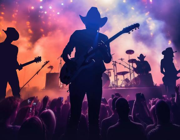 A country music group performs on stage, silhouetted by purple and orange lights.