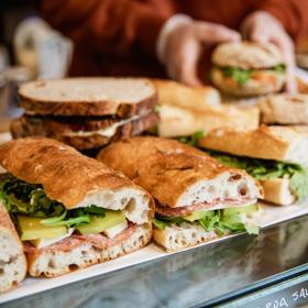 A variety of delicious-looking sandwiches on the front counter at Shelly Bay Baker, a bakery in Te Aro, Wellington. 