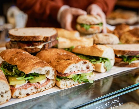 A variety of delicious-looking sandwiches on the front counter at Shelly Bay Baker, a bakery in Te Aro, Wellington. 