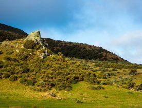 The screen location of Ōrongorongo Station, with many buildings, old and new, as well as views of the ocean and mountains.