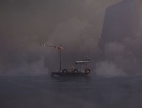 A small fishing vessel moves through misty waters surrounded by towering industrial structures, from the animated short film The Catch.