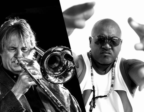 Spliced image of Rodger Fox playing the trombone and King Kapisi gesturing at the camera.
