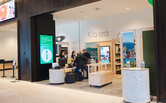 The Wellington isite Visitor Information Centre at Tākina sits next to the exhibition entrance.