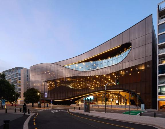 The screen location of Tākina, the large convention centre with unique designs and large open industrial feeling spaces.