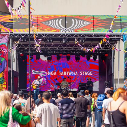 A colourful stage during an outdoor concert during CubaDupa, an annual street festival in Wellington.