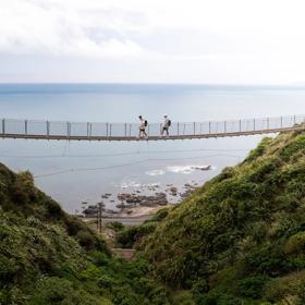 Two people walking along a swing bridge between two hillsides on the Escarpment track above the Kāpiti Coast.