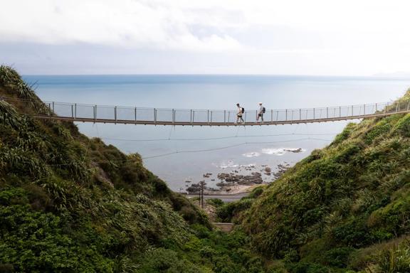 Two people walking along a swing bridge between two hillsides on the Escarpment track above the Kāpiti Coast.