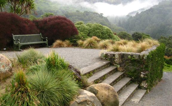 A raised seating area in Ōtari-Wilton's Bus, New Zealand’s only botanic garden dedicated solely to native plants. There are six stairs leading up to a green bench with a view of the cloud-covered mountain range in the background. 