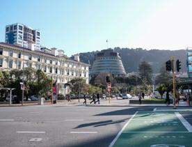 Bunny Street, Wellington looking towards the Beehive and Victoria University Law School’s wooden building.