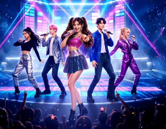 A digital illustration of K-pop performers taking the stage for K-POP Live at St James Theatre in Wellington.