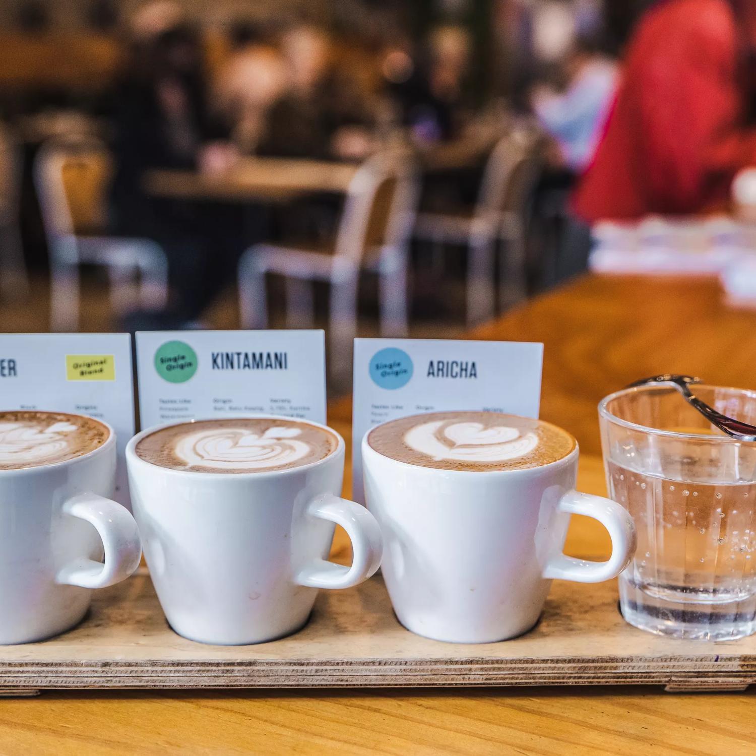 A flight of three artisanal coffees and a glass of water arranged neatly in a row placed on a wooden board on a table at The Hangar, a cafe in Te Aro Wellington. 