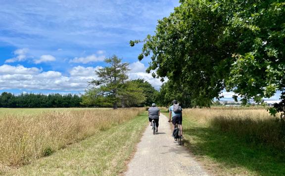 Two cyclists ride along the Greytown to Woodside trail.