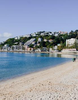 The screen location of Oriental Bay, wth pastel-coloured, Art Deco apartments, brightly-painted boat sheds, and the golden beach.