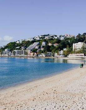 The screen location of Oriental Bay, wth pastel-coloured, Art Deco apartments, brightly-painted boat sheds, and the golden beach.