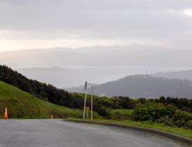 The Brooklyn Wind Turbine sits on a hill above Wellington, with views of the city. Bush and trees surround the area.