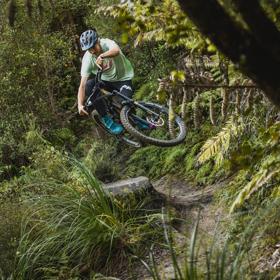 A mountain biker jumps on a dirt track amongst trees on Nga Tuna trail in Wainuiomata Park.