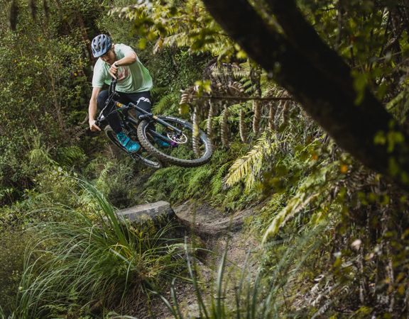 A mountain biker jumps on a dirt track amongst trees on Nga Tuna trail in Wainuiomata Park.