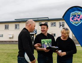 Accelerator Project’s Jon Kroll and Melissa Conway are with ‘Extreme Cake Sports’ producer Bevin Linkhorn on set during production of the Wellington-based reality television series.