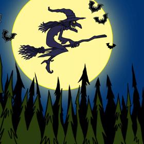 A promotional illustration for Badjelly the Witch Glow Show, adapted from the book by Spike Milligan. A witch flies on a broomstick in front of a full moon surrounded by bats in the night sky.