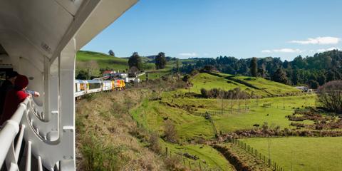 A scenic view of green rolling hills and trees from the Northern Explorer, Kiwi Rail train.