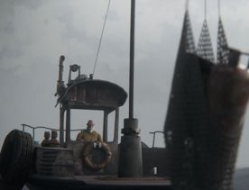 Fishing boat in a foggy seascape with a lone figure at the helm, from the animated short film The Catch.