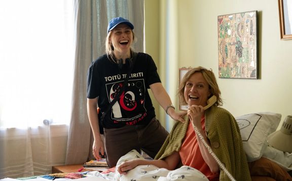 Chelsie Preston Crayford and Marta Dusseldorp as Maxine, laughing on the set of her debut feature film ‘Caterpillar’.