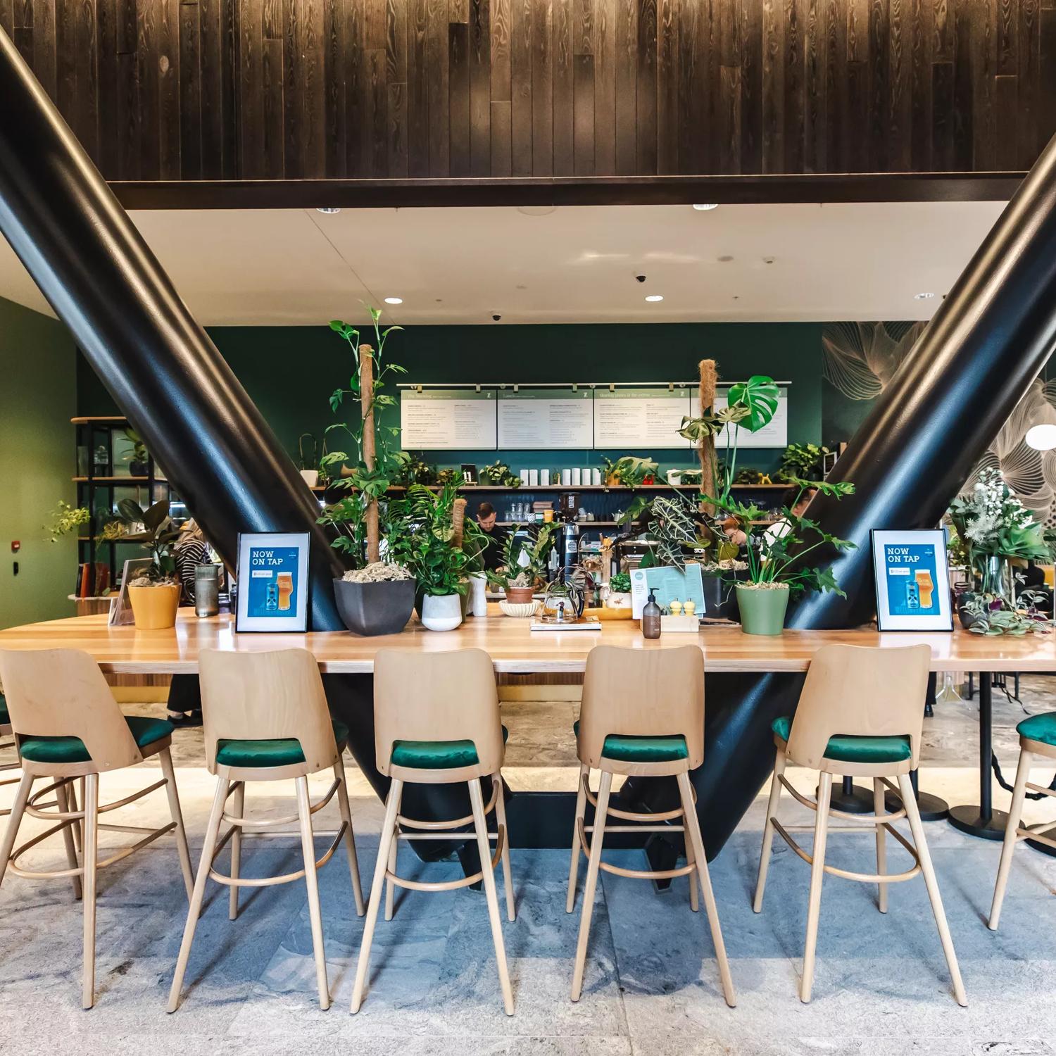 A high table at Zephyr café  in Tākina, with plants placed in the centre. The green wall and accents give the cafe a nature feeling.