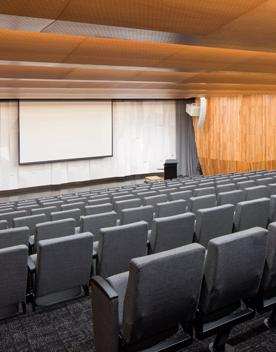 The Auditorium inside Tiakiwai Conference Centre - National Library of New Zealand. 178 chairs face toward the stage on a slight angle.