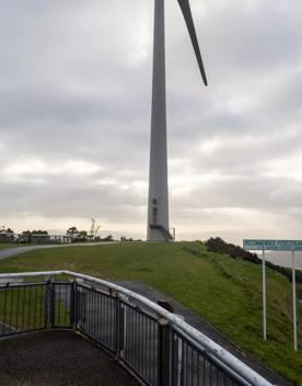 The Brooklyn Wind Turbine sits on a hill above Wellington, with views of the city. Bush and trees surround the area.