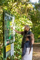 Two people standing at an information board at Fensham Reserve in Wairarapa, surrounded by lush green foliage. One person is pointing to a map of walking tracks.