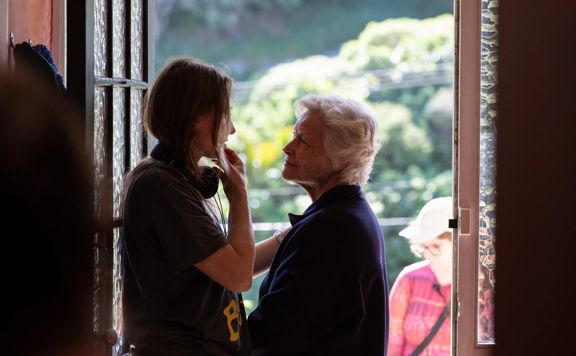 Lisa Harrow and Chelsie Preston Crayford on the set of the feature film Caterpillar.