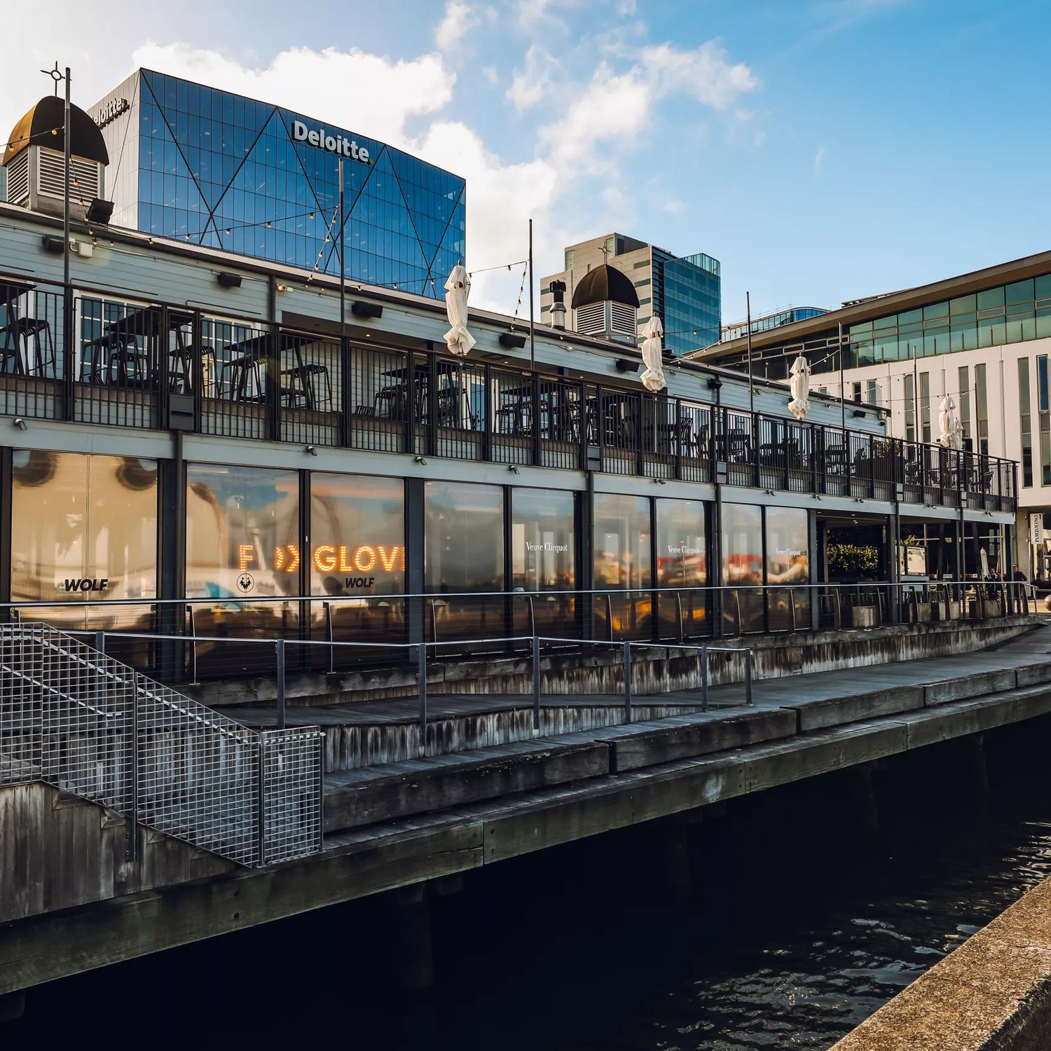 The exterior of Foxglove Bar & Kitchen, a restaurant located on Queens Wharf at Wellington's waterfront.